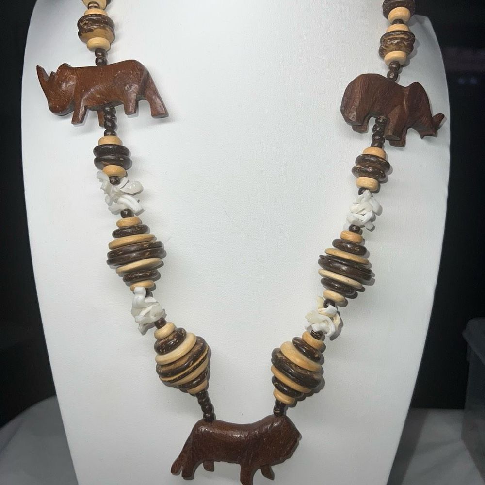 Vintage African Inspired Carved Wooden Animal Bead and Shell Necklace